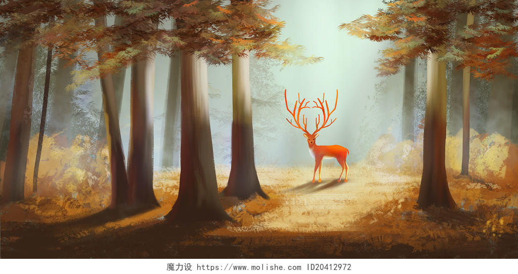 秋天插画唯美黄色秋天森林与鹿风景原创插画海报背景素材